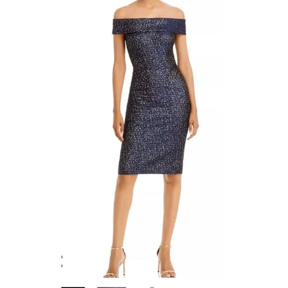 Teri Jon by Rickie Freeman Jaquard Stripe Off the Shoulder Sheath midi Dress 10 - Picture 1 of 9